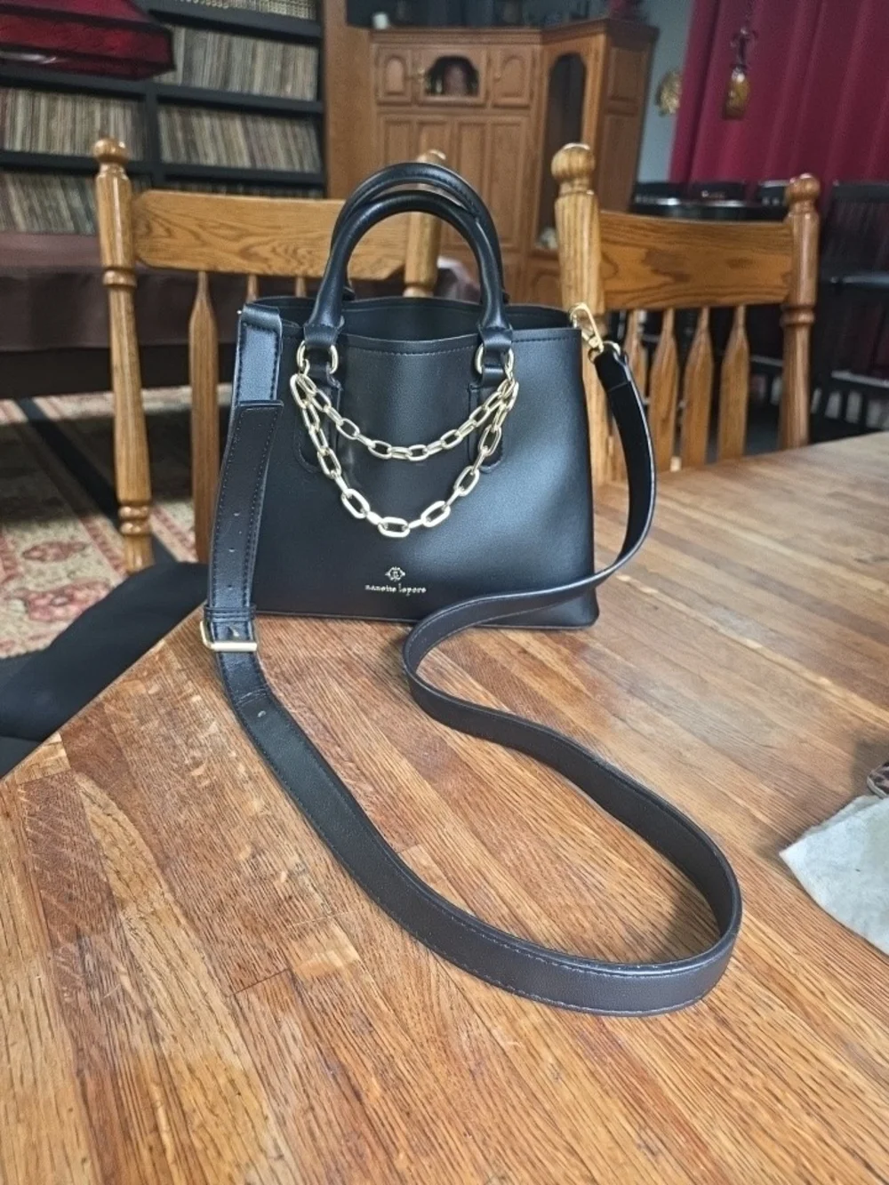 Nenette Lepore Black Faux Leather Top-Handle Crossbody Bag Gold Chain Purse